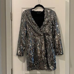 silver sequin plunge wrap bodycon dress